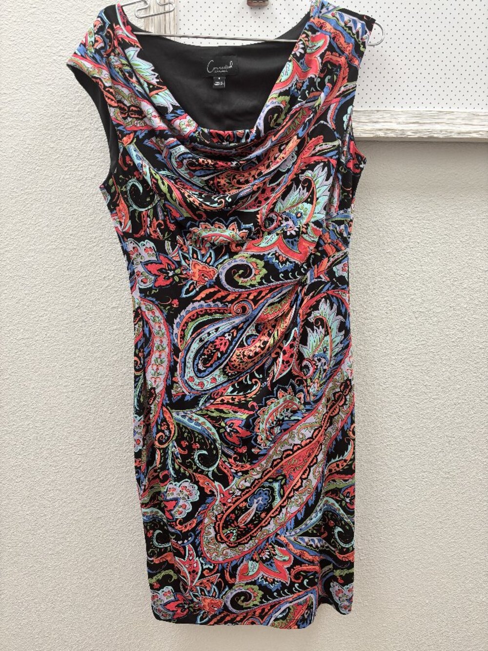 Connected Apparel Dress Size 8 Black Multicolor Paisley Cowl Neck Sheath
